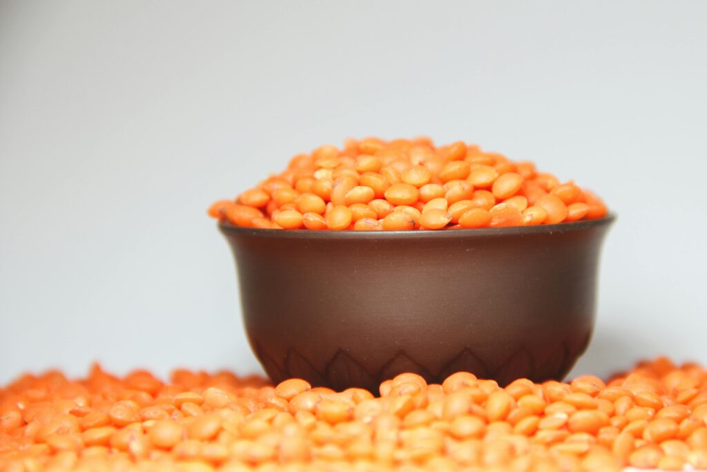 A focused image of a bowl filled with vibrant red lentils against a plain background.