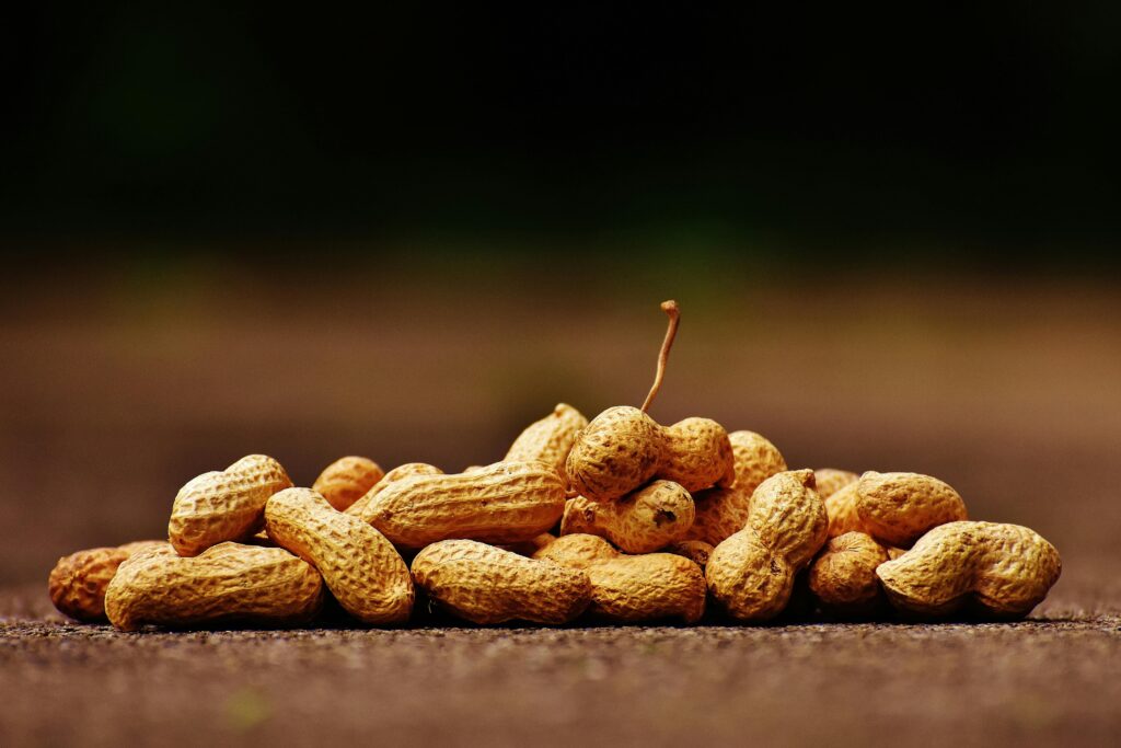 Close-up image of a pile of peanuts in shells on a wooden surface. Ideal for food and nutrition themes.